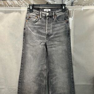 RE/DONE High waister hidden button fly wide leg faded black denim jean. NWT 25